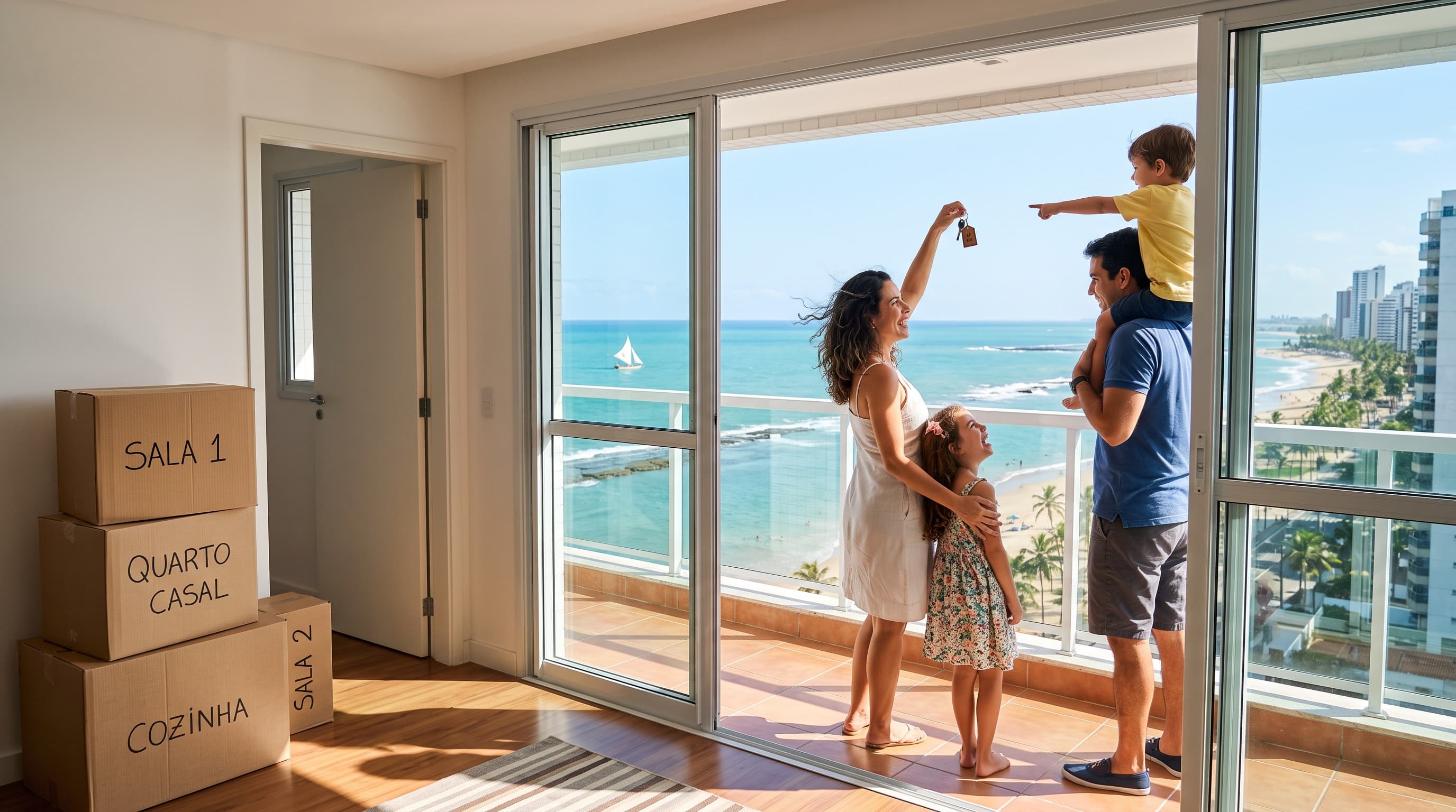 Família comemorando na varanda do apartamento novo, com vista para o mar